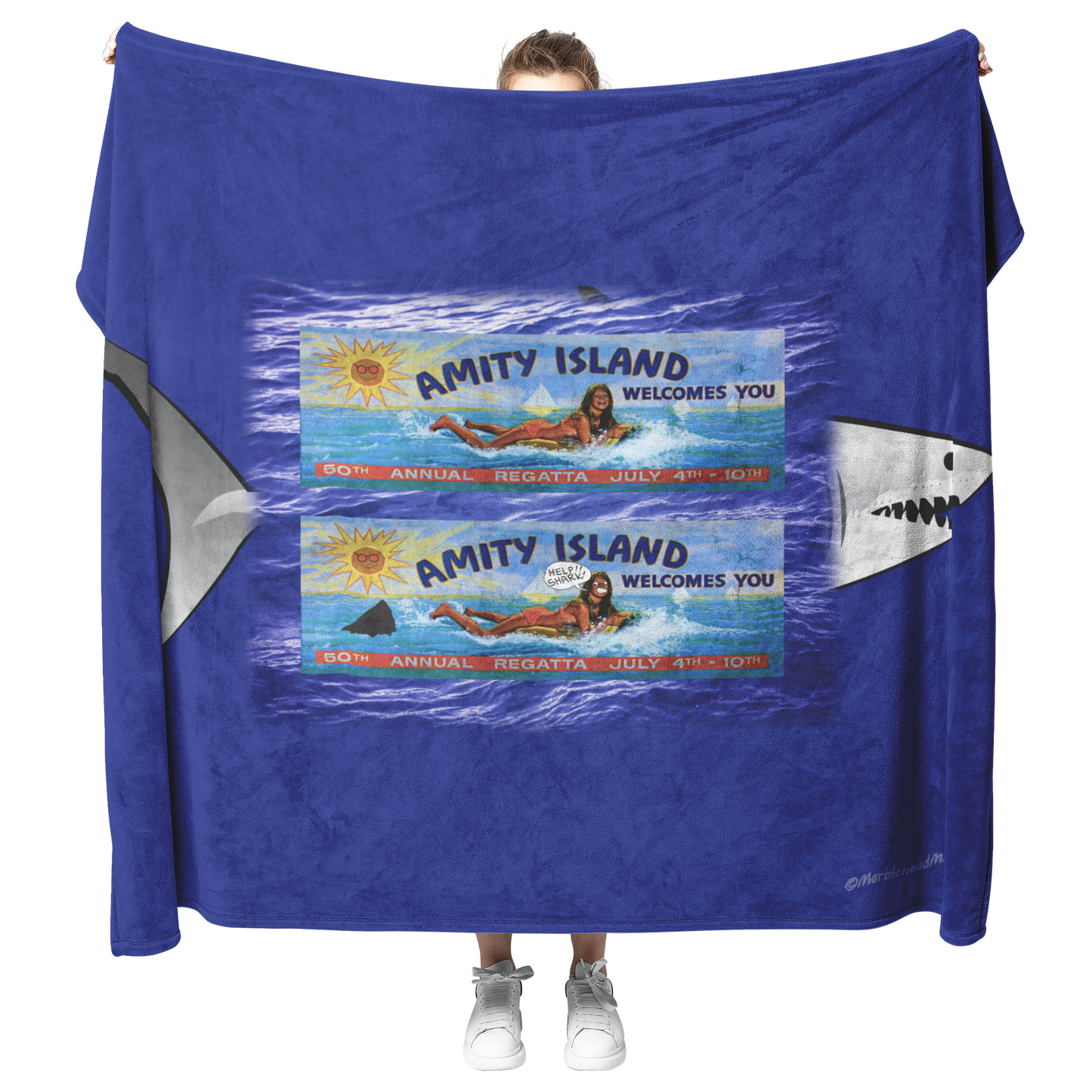 Amity_Sign_w_Shark_Bckgrnd_-_Fleece_Blan_H_Blanket_Model_Mockup.png