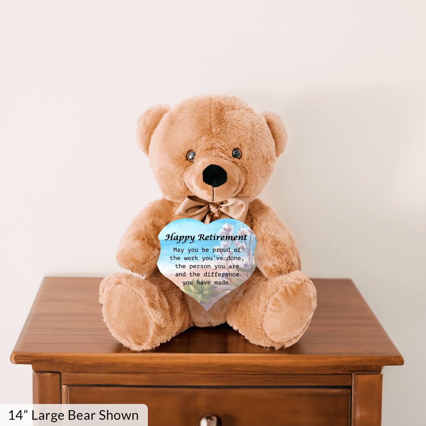 Happy Retirement Teddy Bear w/Heart, Ocean-Flowers Bckgrnd