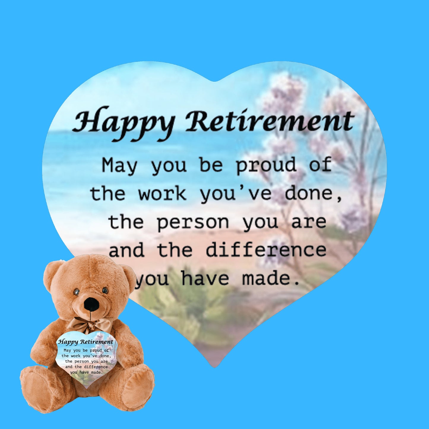 Happy Retirement Teddy Bear w/Heart, Ocean-Flowers Bckgrnd