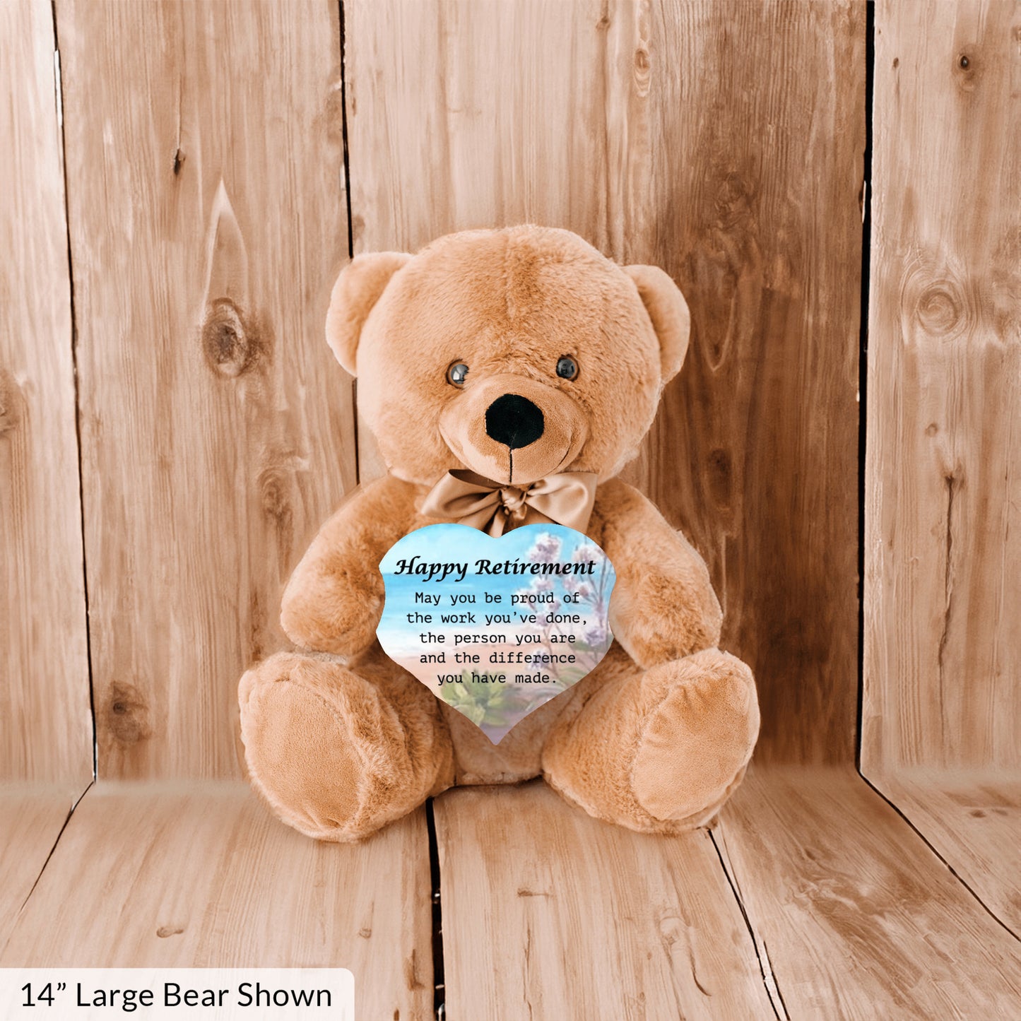 Happy Retirement Teddy Bear w/Heart, Ocean-Flowers Bckgrnd