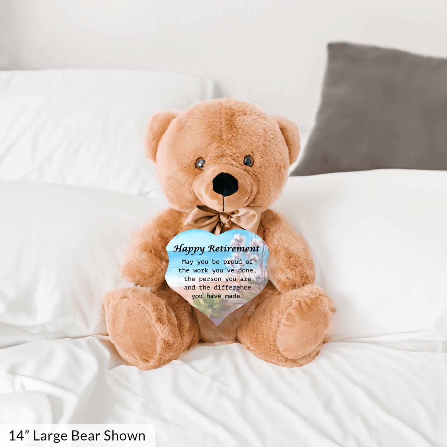 Happy Retirement Teddy Bear w/Heart, Ocean-Flowers Bckgrnd
