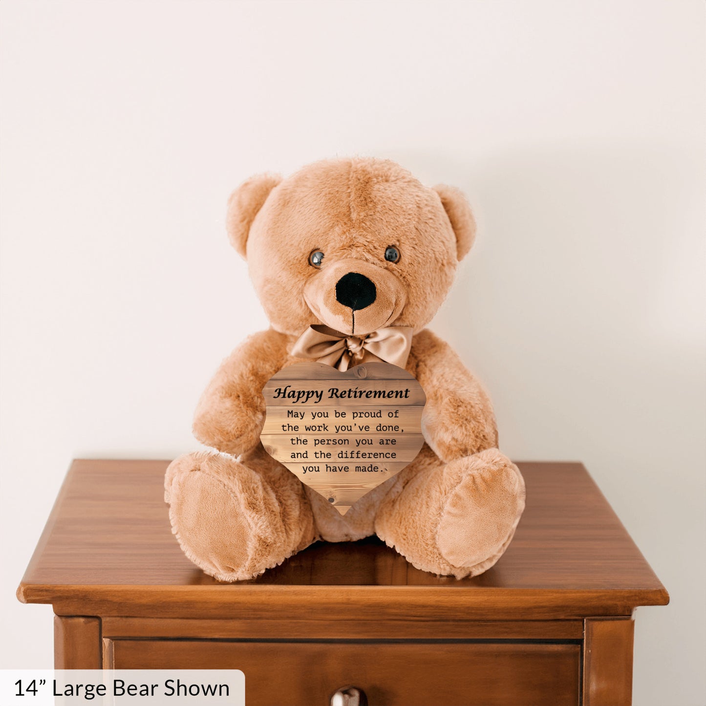 Happy Retirement Teddy Bear w/Heart, Wood Bckgrnd