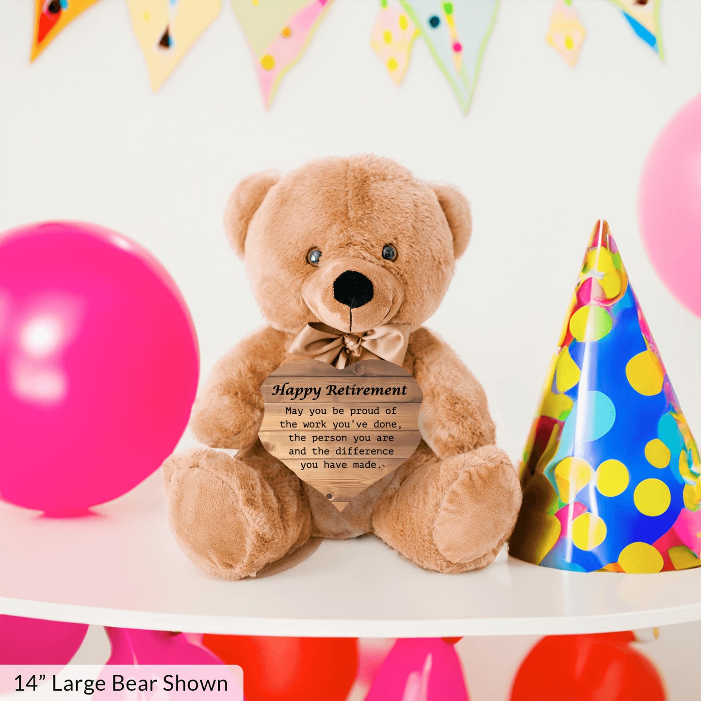 Happy Retirement Teddy Bear w/Heart, Wood Bckgrnd