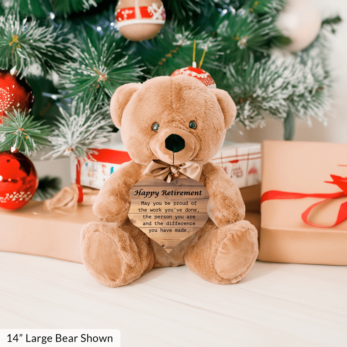 Happy Retirement Teddy Bear w/Heart, Wood Bckgrnd