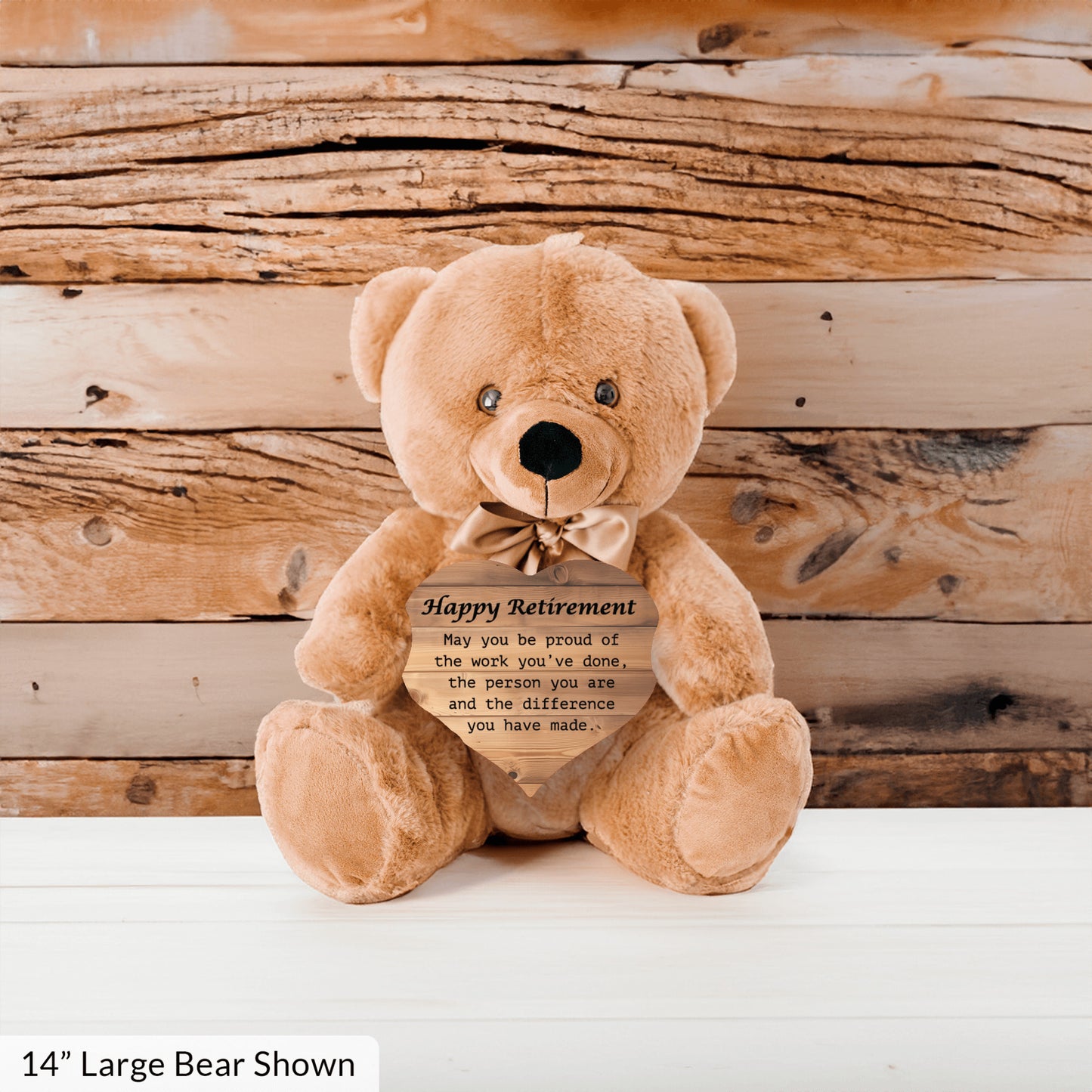 Happy Retirement Teddy Bear w/Heart, Wood Bckgrnd