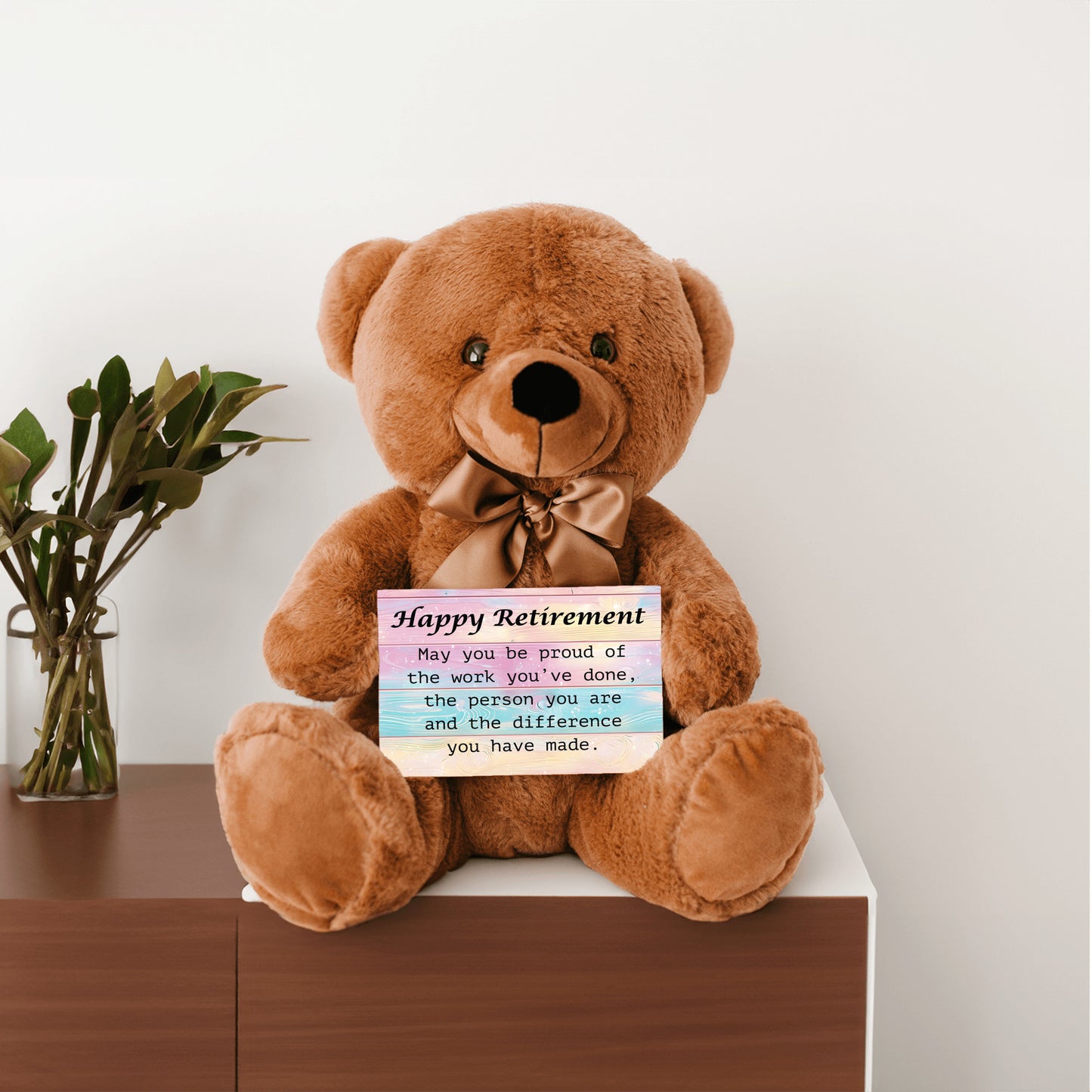 Happy Retirement Teddy Bear with 6x4 Sign Pastel-Wood Bckgrnd