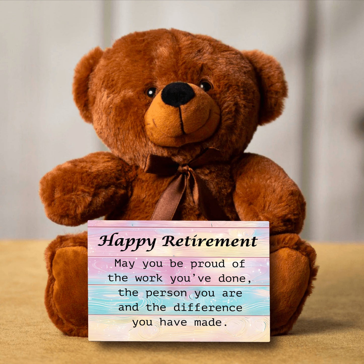 Happy Retirement Teddy Bear with 6x4 Sign Pastel-Wood Bckgrnd