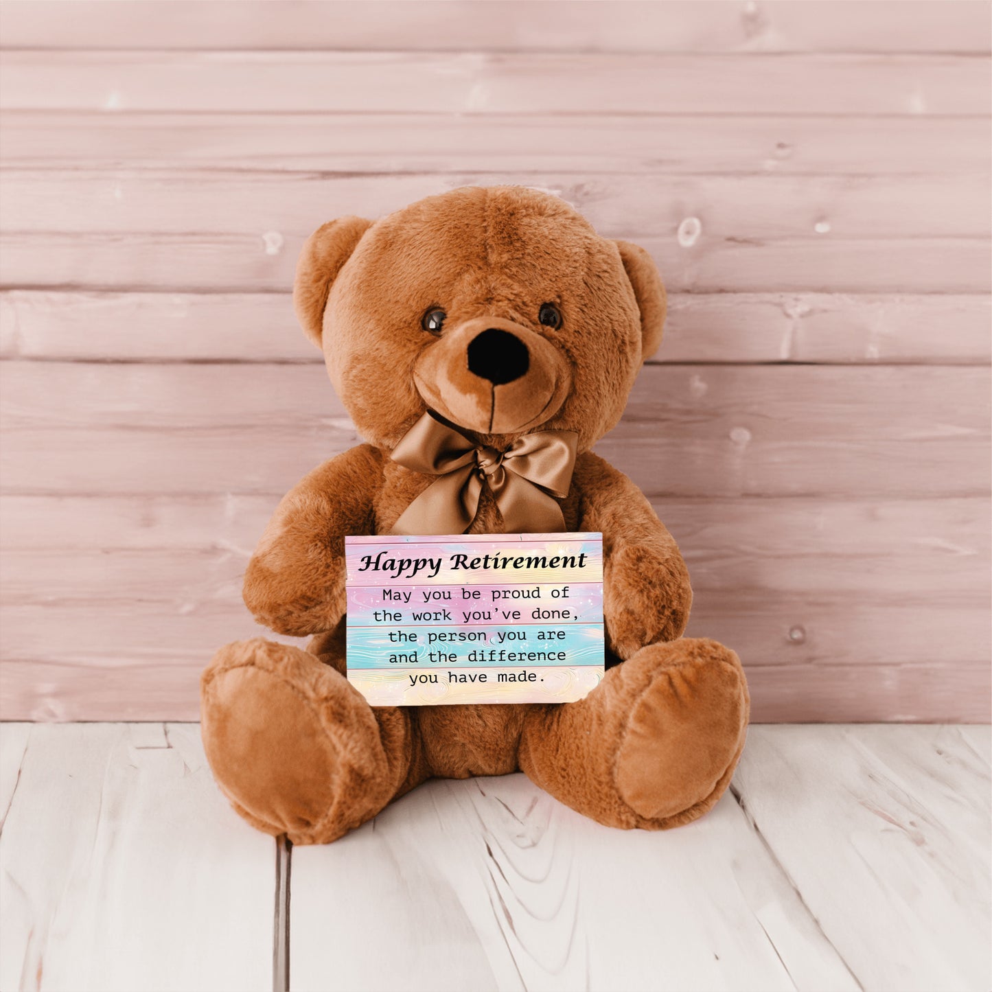 Happy Retirement Teddy Bear with 6x4 Sign Pastel-Wood Bckgrnd