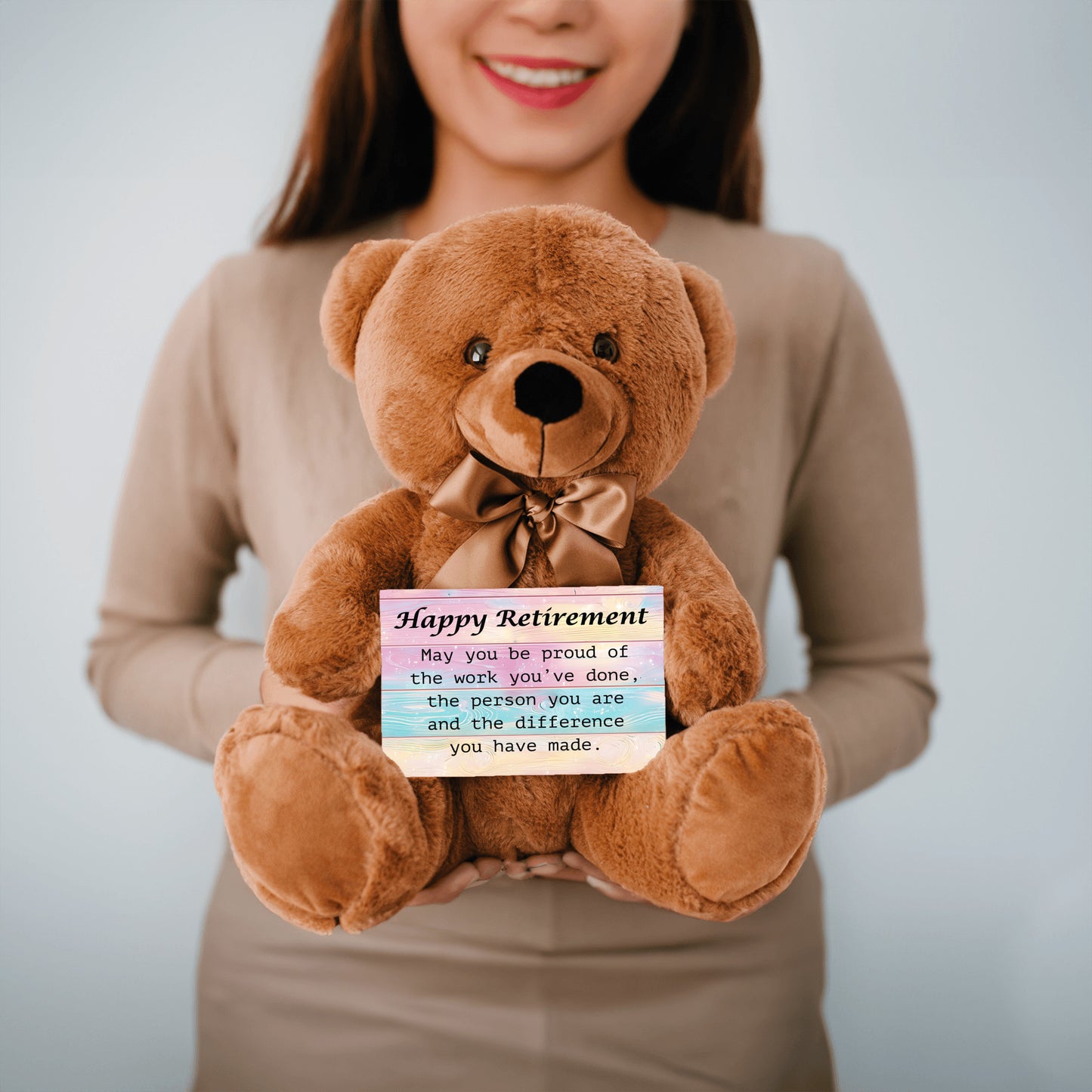 Happy Retirement Teddy Bear with 6x4 Sign Pastel-Wood Bckgrnd