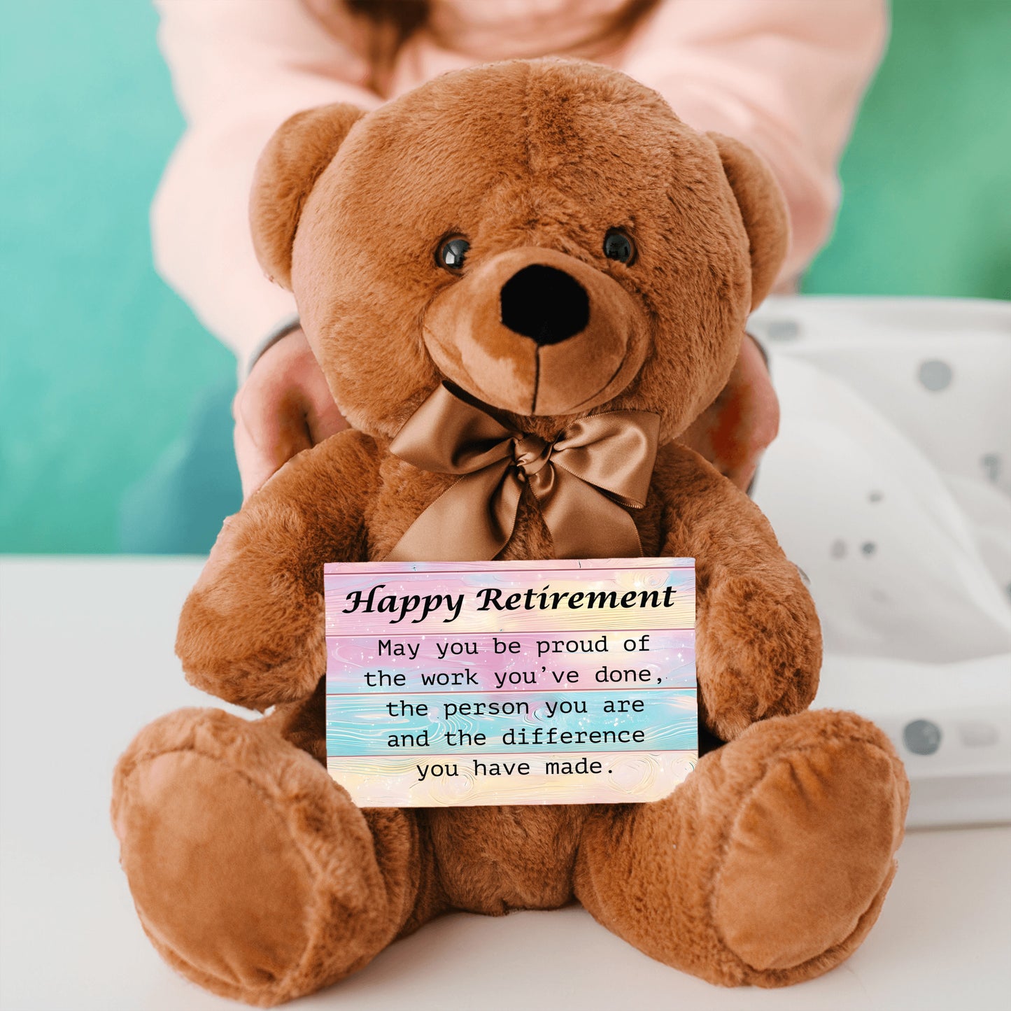 Happy Retirement Teddy Bear with 6x4 Sign Pastel-Wood Bckgrnd