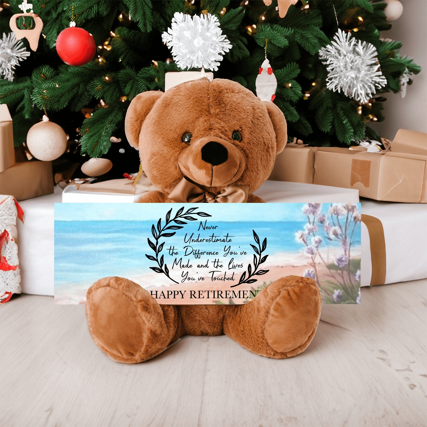Retirement Teddy Bear with 15' x 5' Sign, Ocean-Flowers Bckgrnd