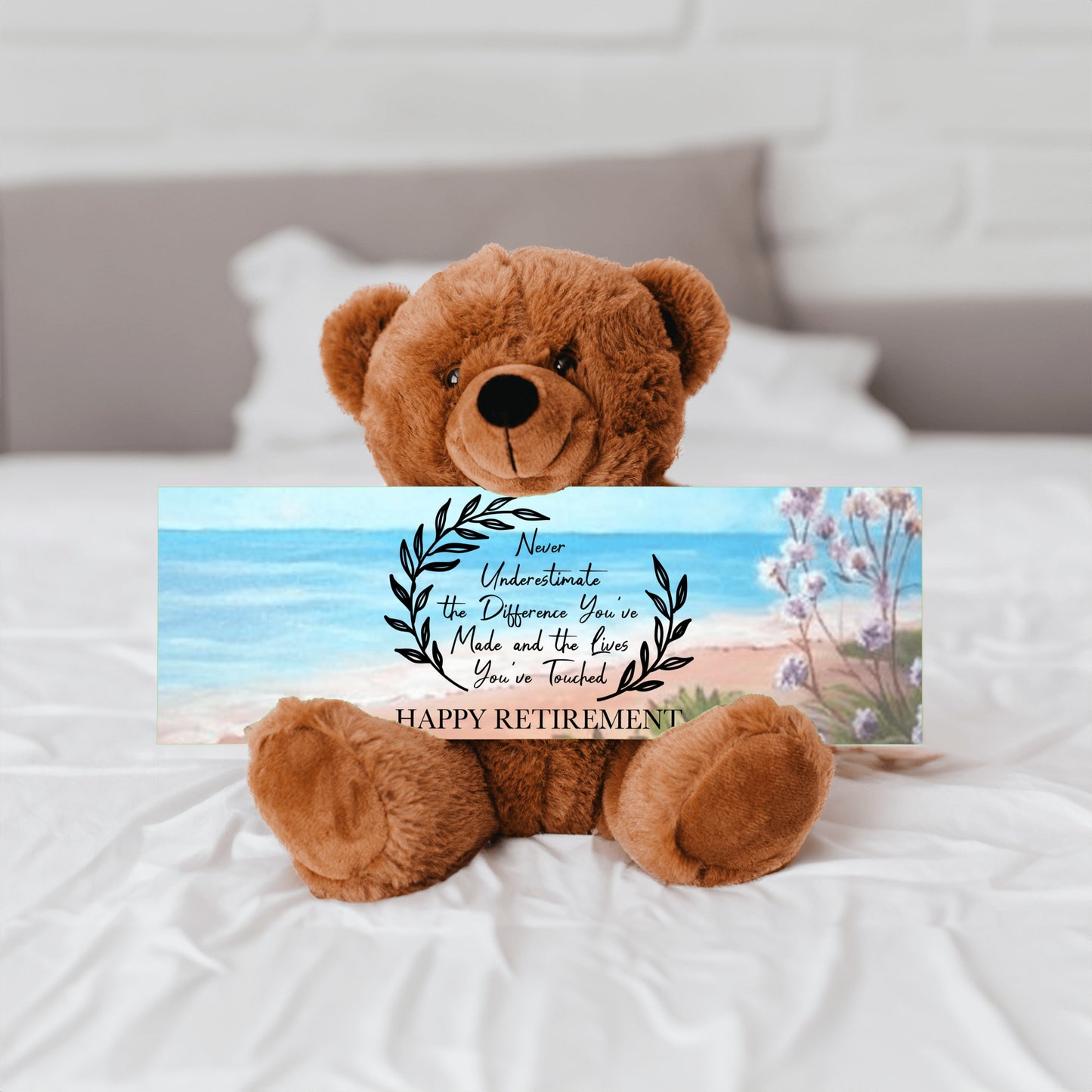 Retirement Teddy Bear with 15' x 5' Sign, Ocean-Flowers Bckgrnd