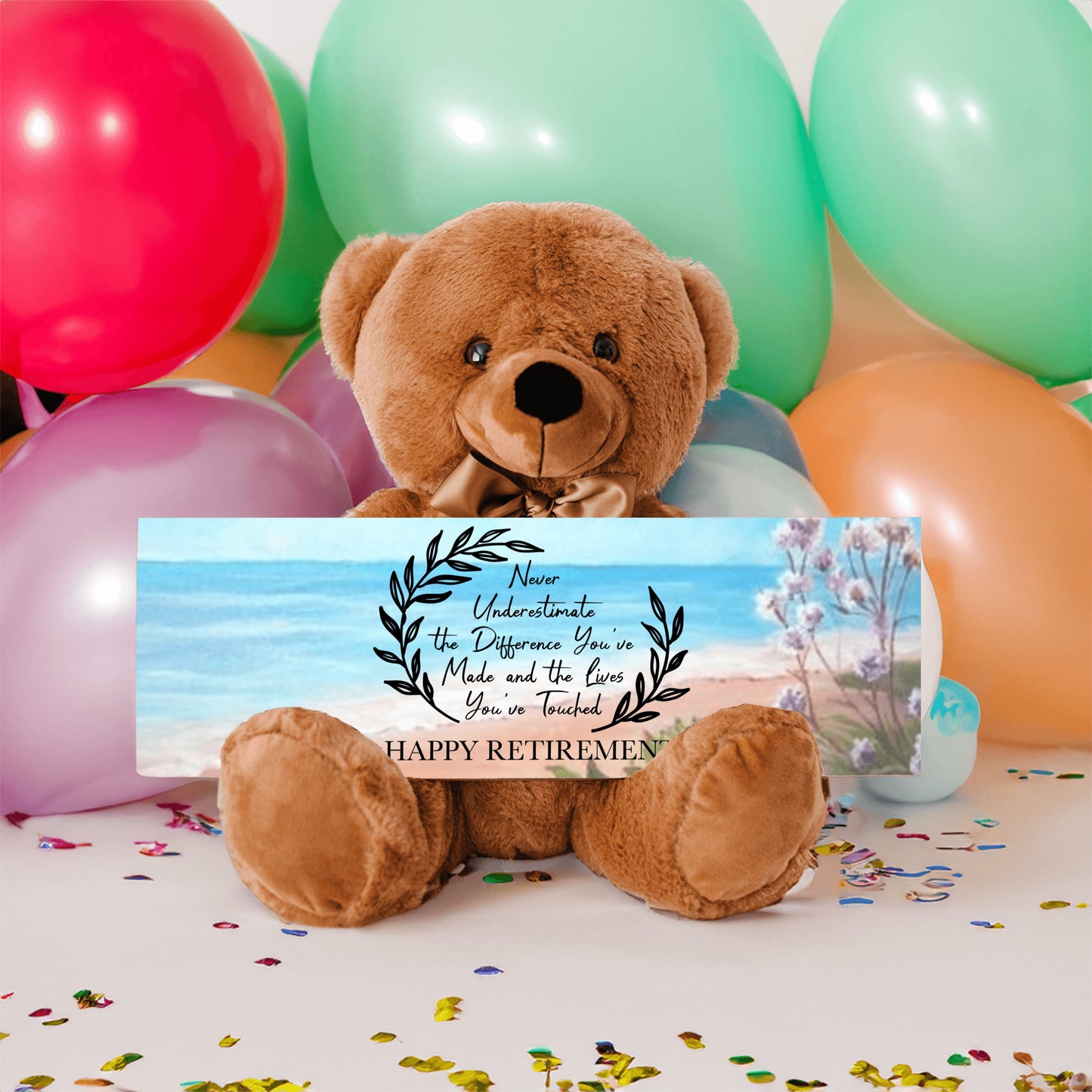 Retirement Teddy Bear with 15' x 5' Sign, Ocean-Flowers Bckgrnd