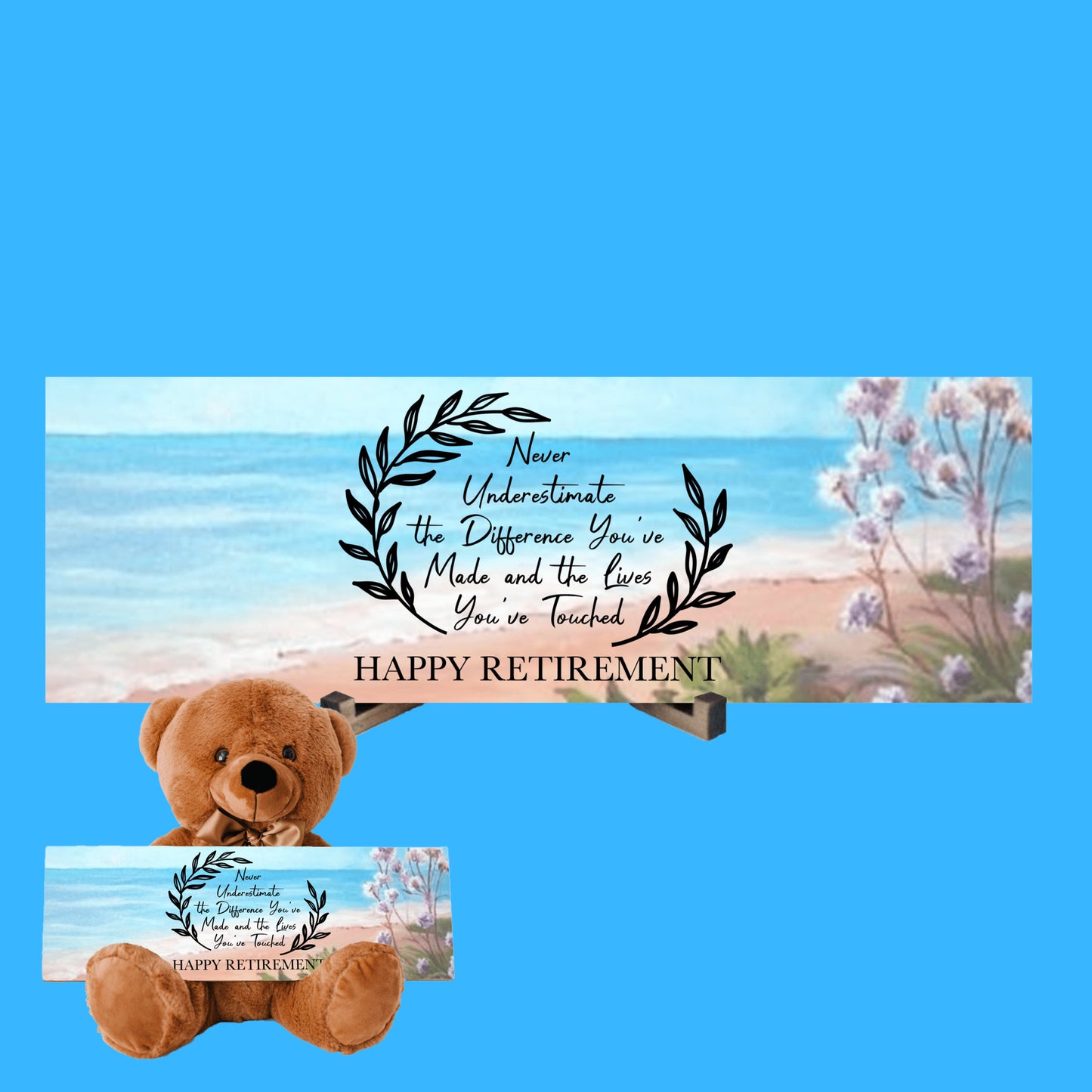 Retirement Teddy Bear with 15' x 5' Sign, Ocean-Flowers Bckgrnd