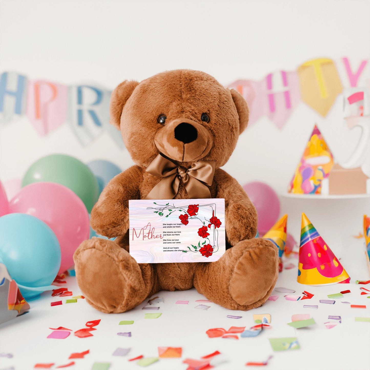 A Mother Poem - Teddy Bear With 6x4 Canvas Message Card, Pastel Wood Background