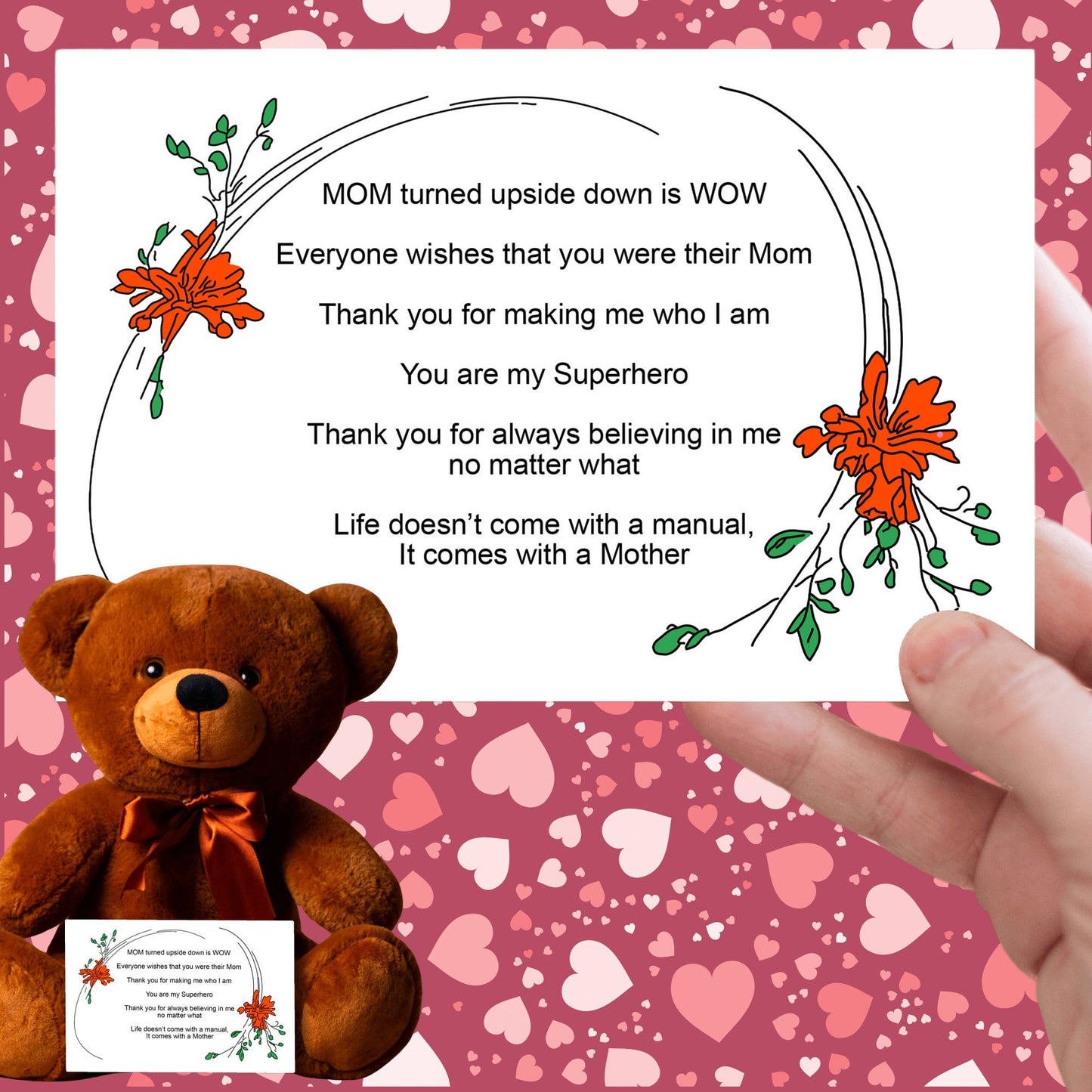 MOM Upside Down Is WOW - Teddy Bear With 6x4 Canvas Message Card