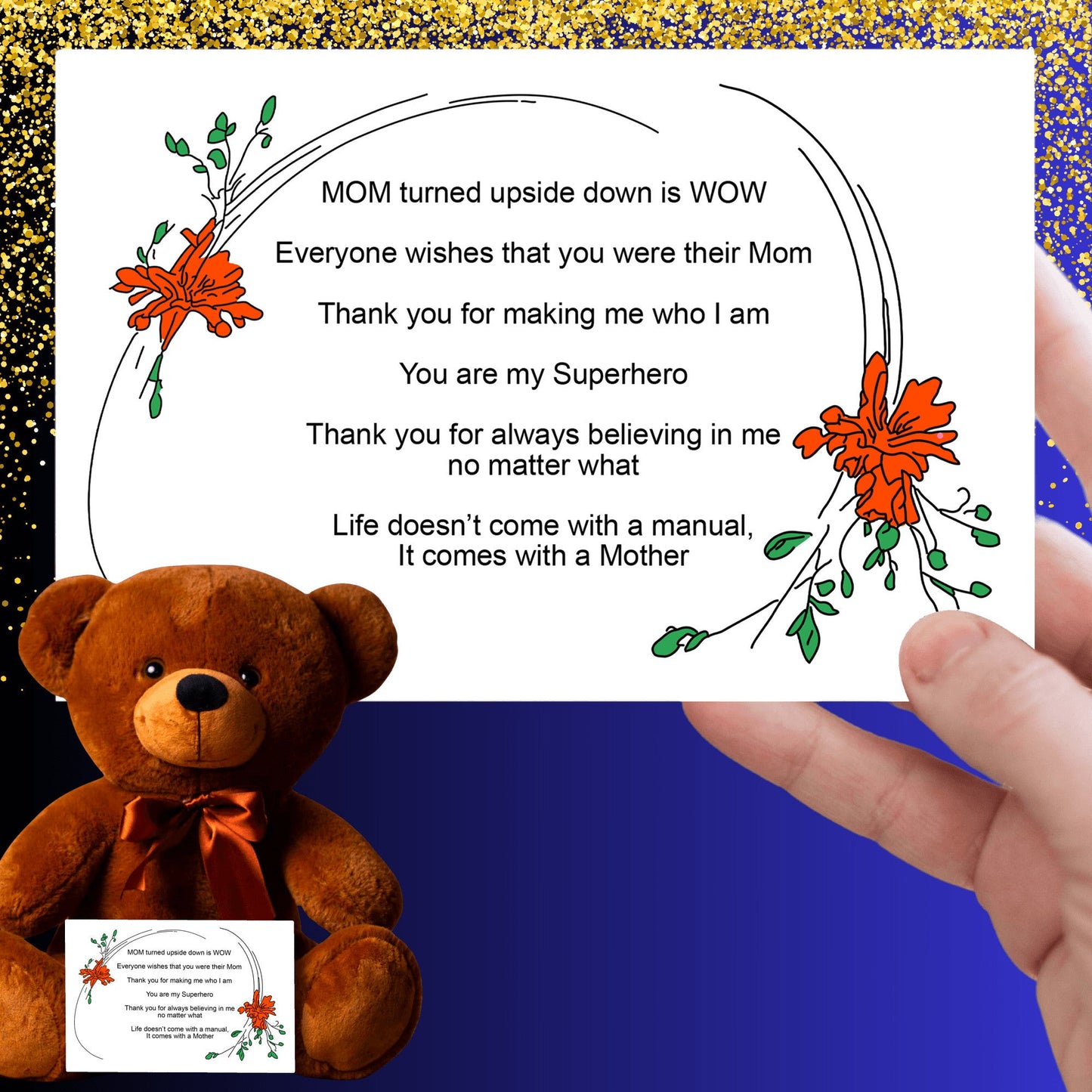 MOM Upside Down Is WOW - Teddy Bear With 6x4 Canvas Message Card