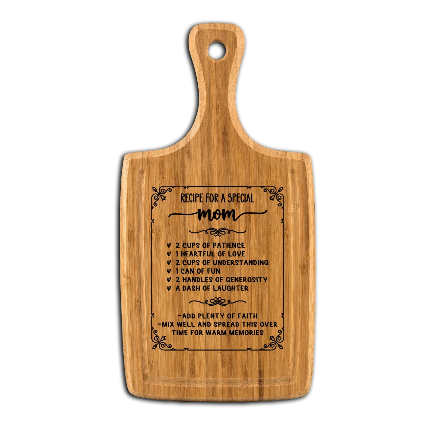 Mom Love Recipe - Cutting Board, Laser Engraved with Handle & Juice Grooves, 9"x17" incl. handle