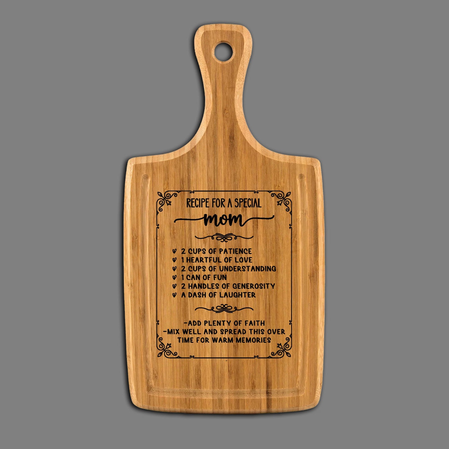 Mom Love Recipe - Cutting Board, Laser Engraved with Handle & Juice Grooves, 9"x17" incl. handle
