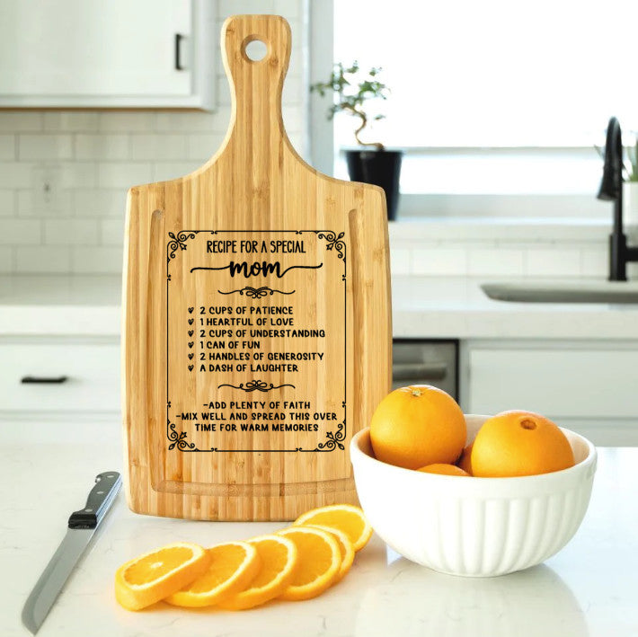 Mom Love Recipe - Cutting Board, Laser Engraved with Handle & Juice Grooves, 9"x17" incl. handle