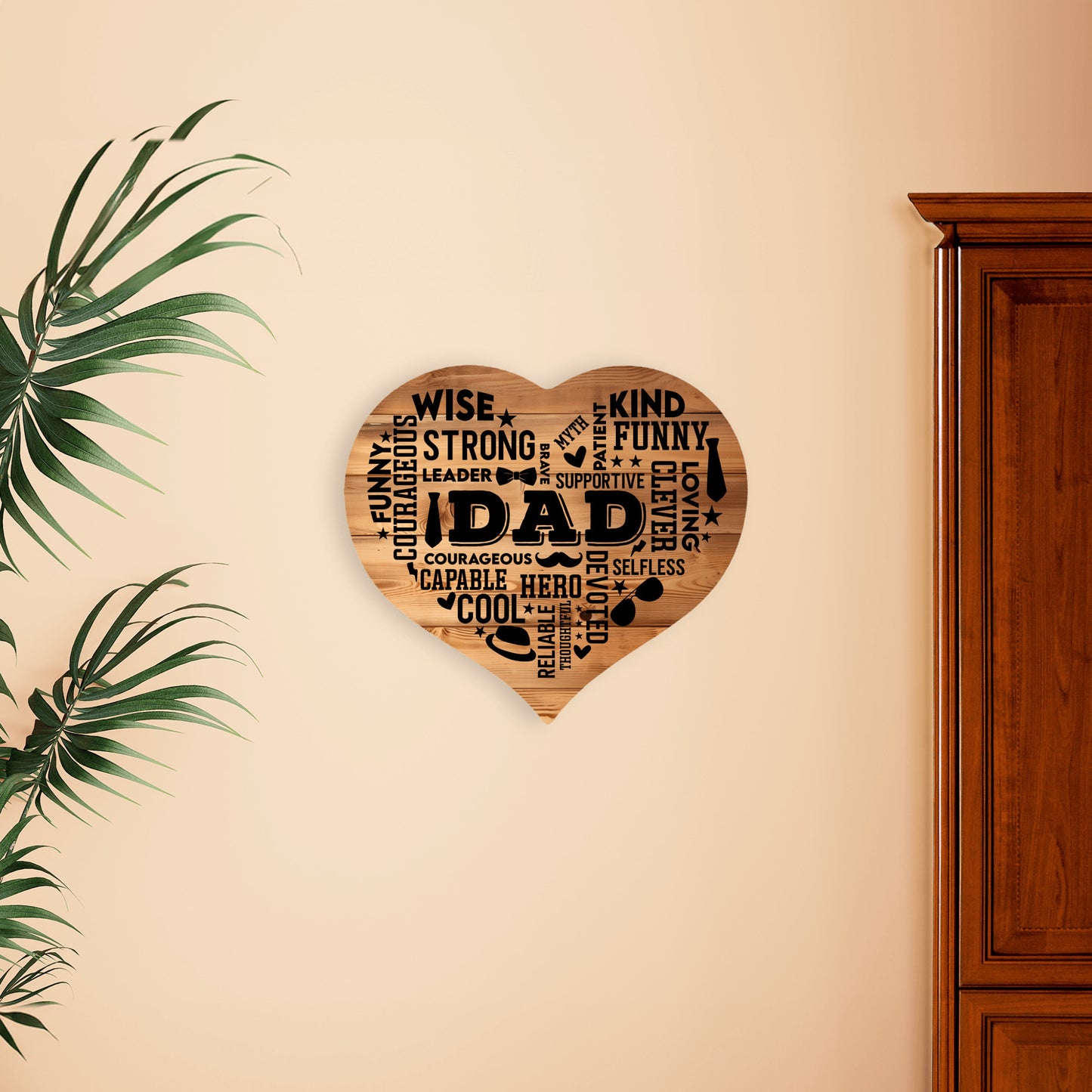 Heart Shaped DAD Word Art MDF Sign, Wood background