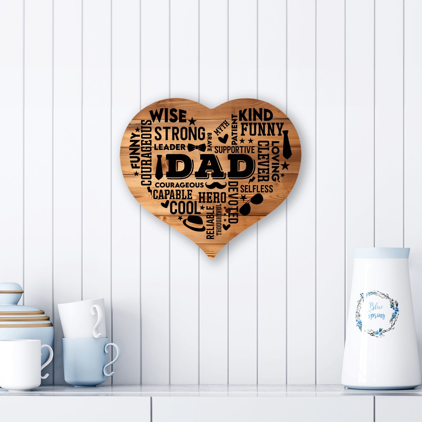 Heart Shaped DAD Word Art MDF Sign, Wood background