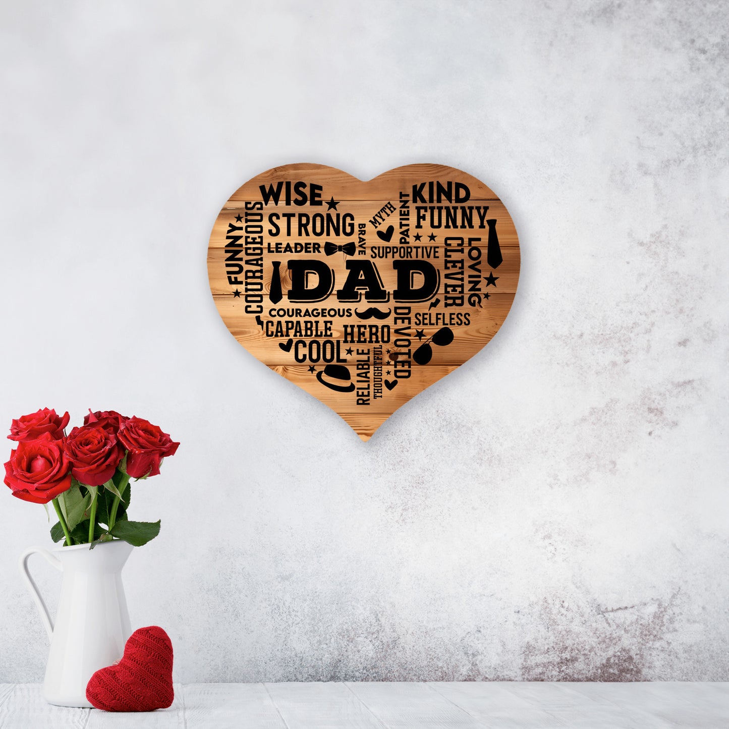 Heart Shaped DAD Word Art MDF Sign, Wood background