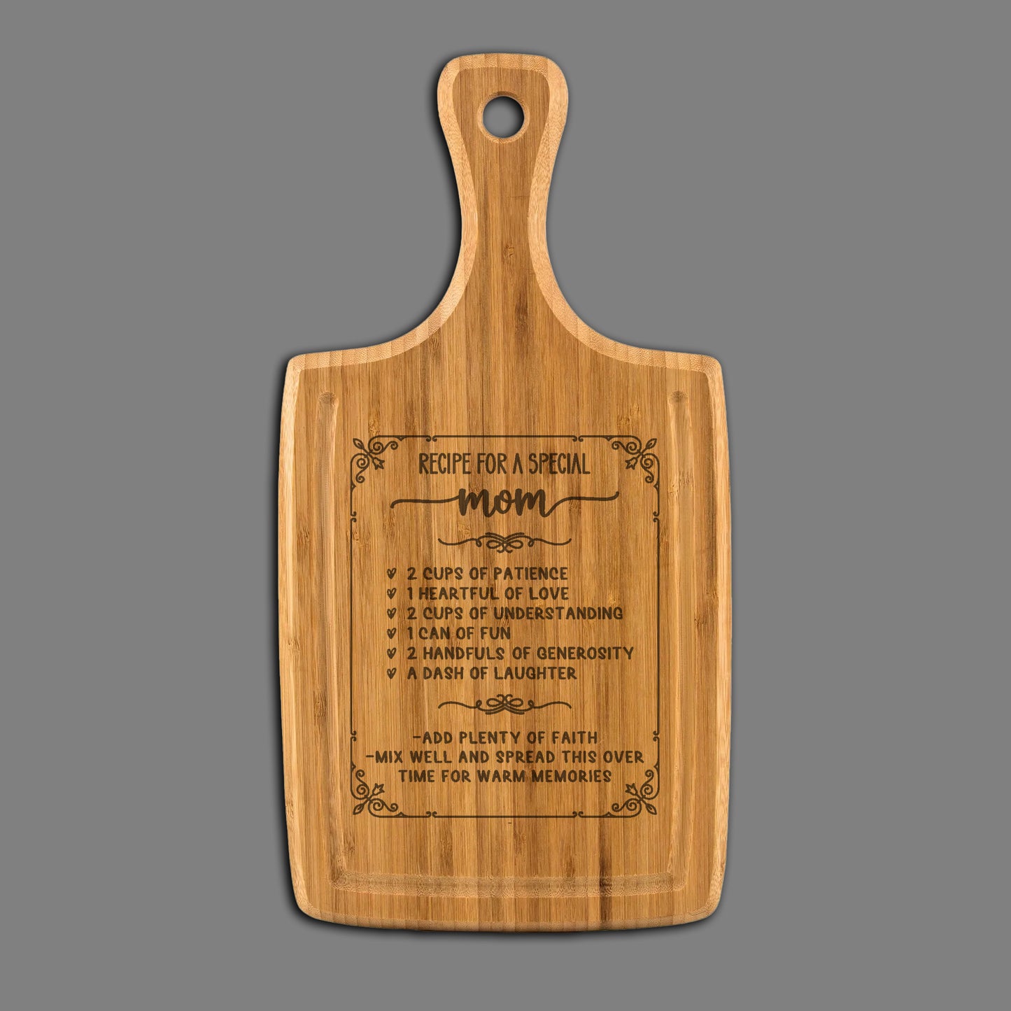 Mom Love Recipe - Cutting Board, Laser Engraved with Handle & Juice Grooves, 9"x17"