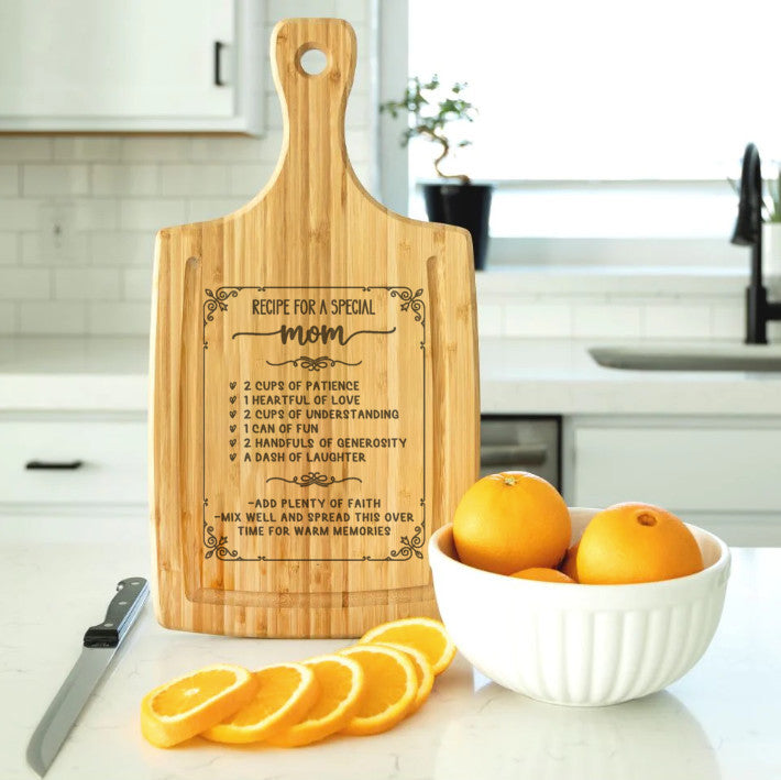 Mom Love Recipe - Cutting Board, Laser Engraved with Handle & Juice Grooves, 9"x17"