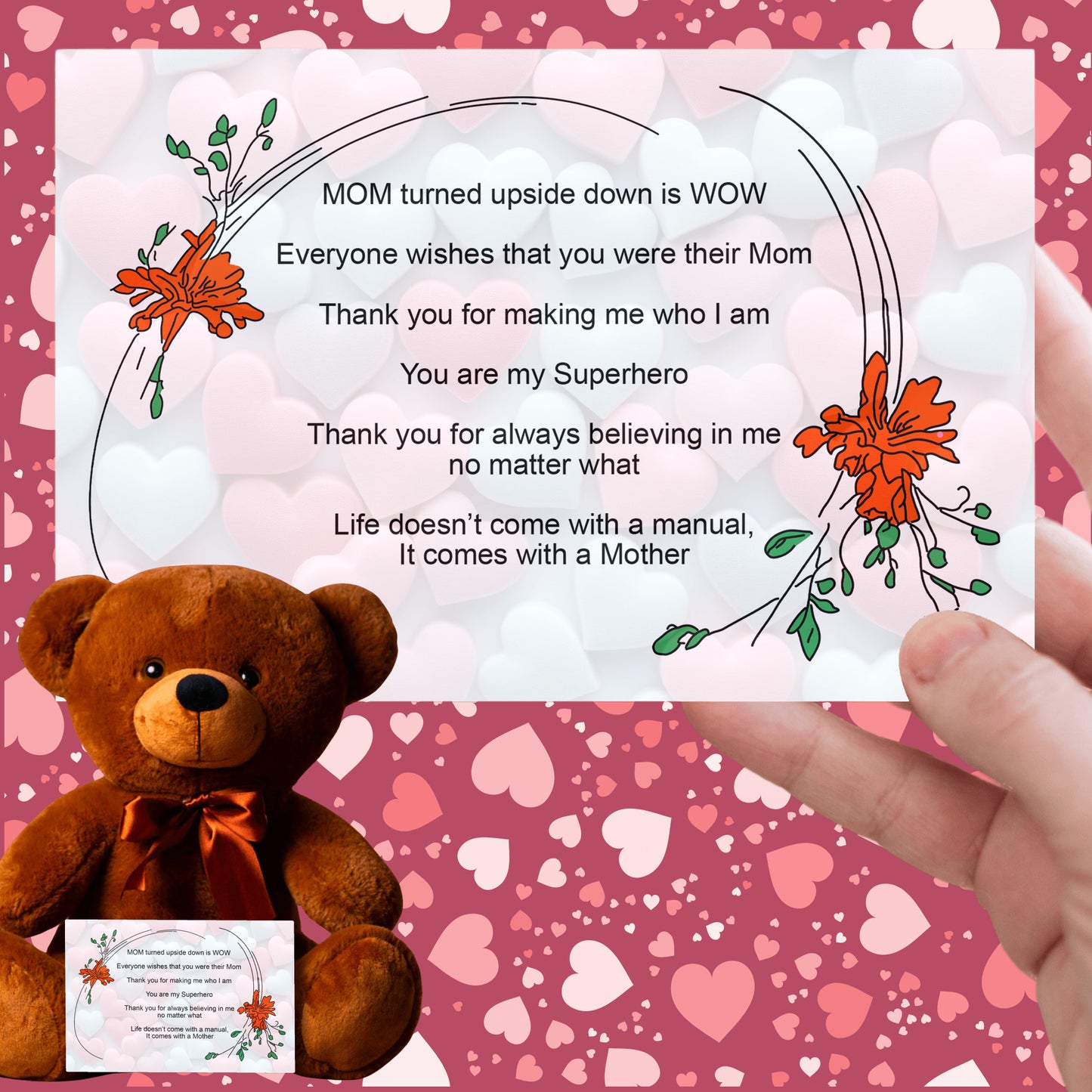 MOM Upside Down Is WOW - Teddy Bear With 6x4 Canvas Message Card. Heart background