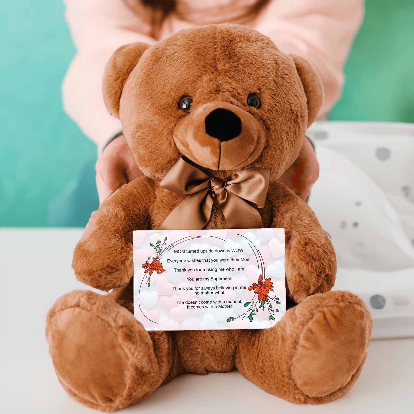 MOM Upside Down Is WOW - Teddy Bear With 6x4 Canvas Message Card. Heart background