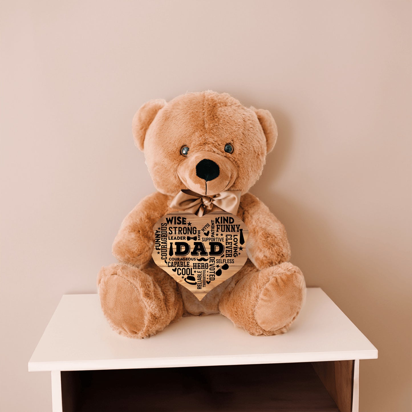 Teddy Bear with Heart Shaped DAD Word Art MDF Sign, Wood Background