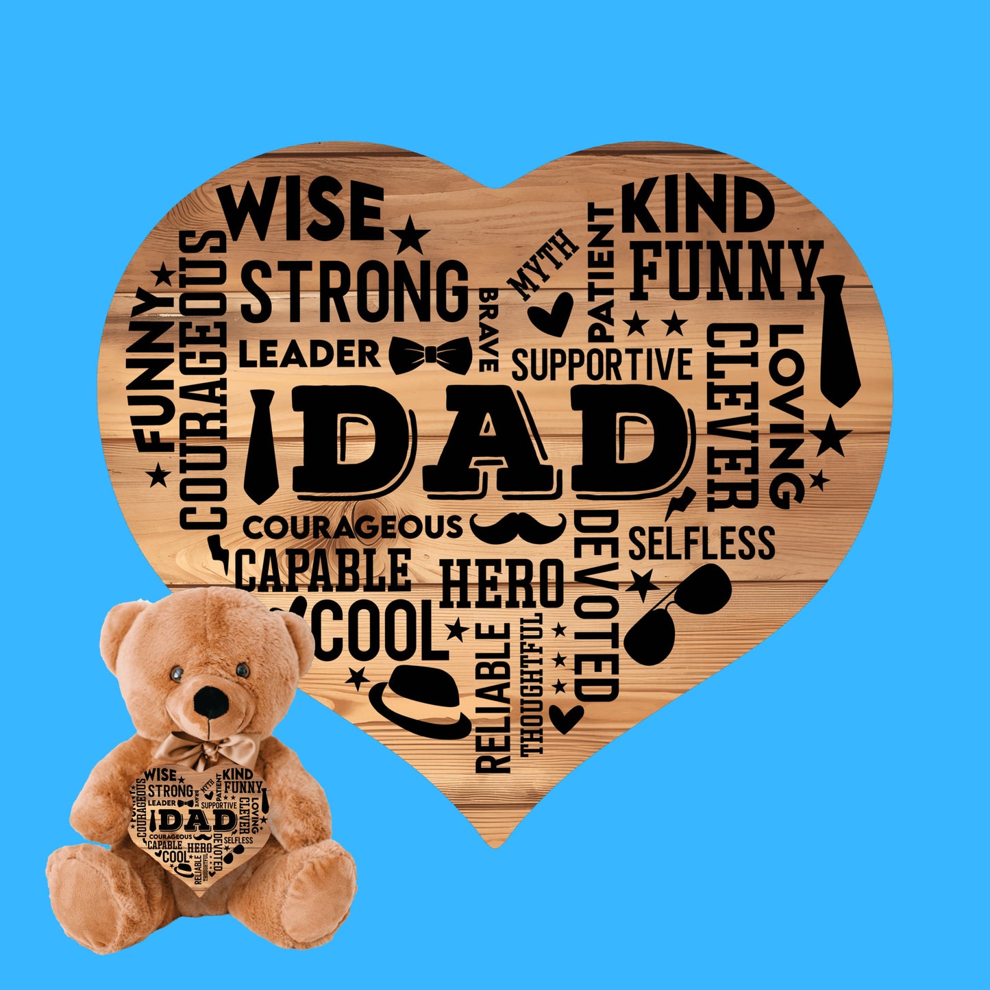 Teddy Bear with Heart Shaped DAD Word Art MDF Sign, Wood Background