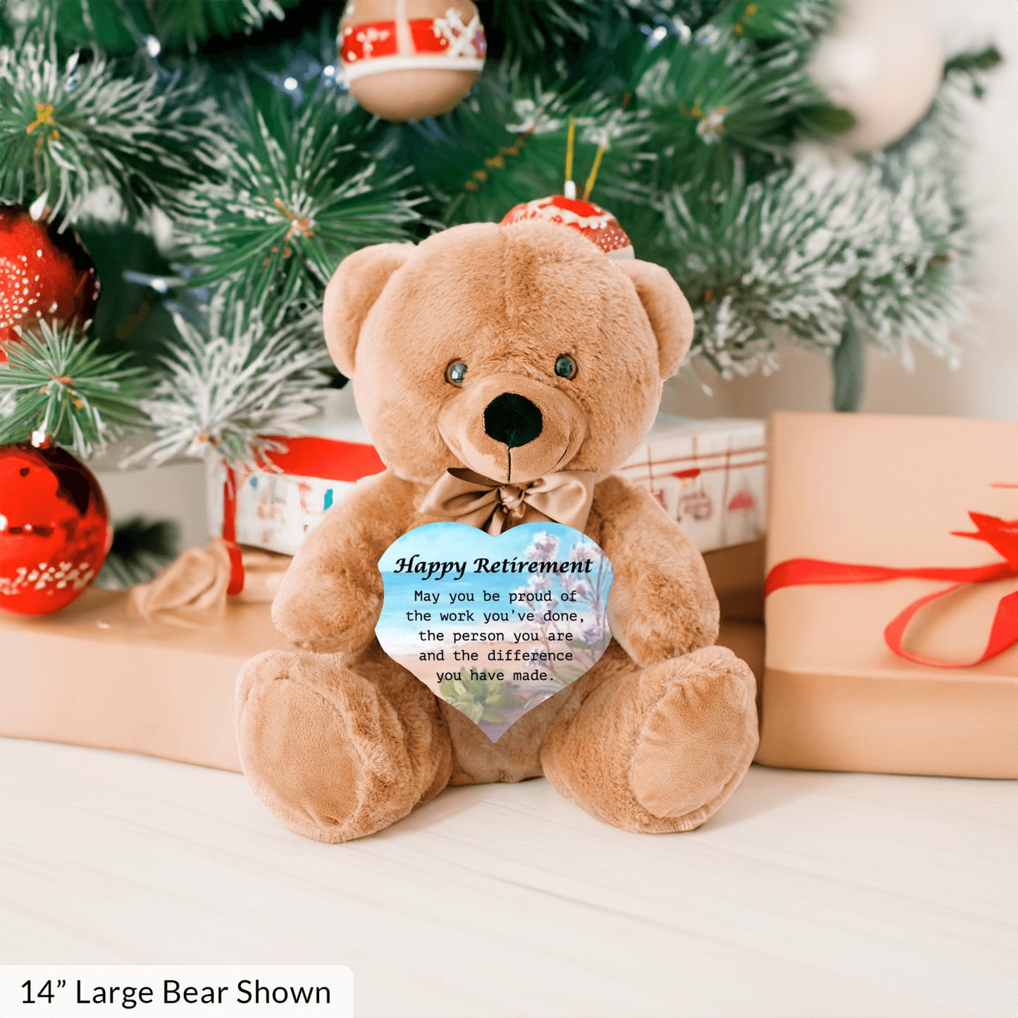 Happy Retirement Teddy Bear w/Heart, Ocean-Flowers Bckgrnd
