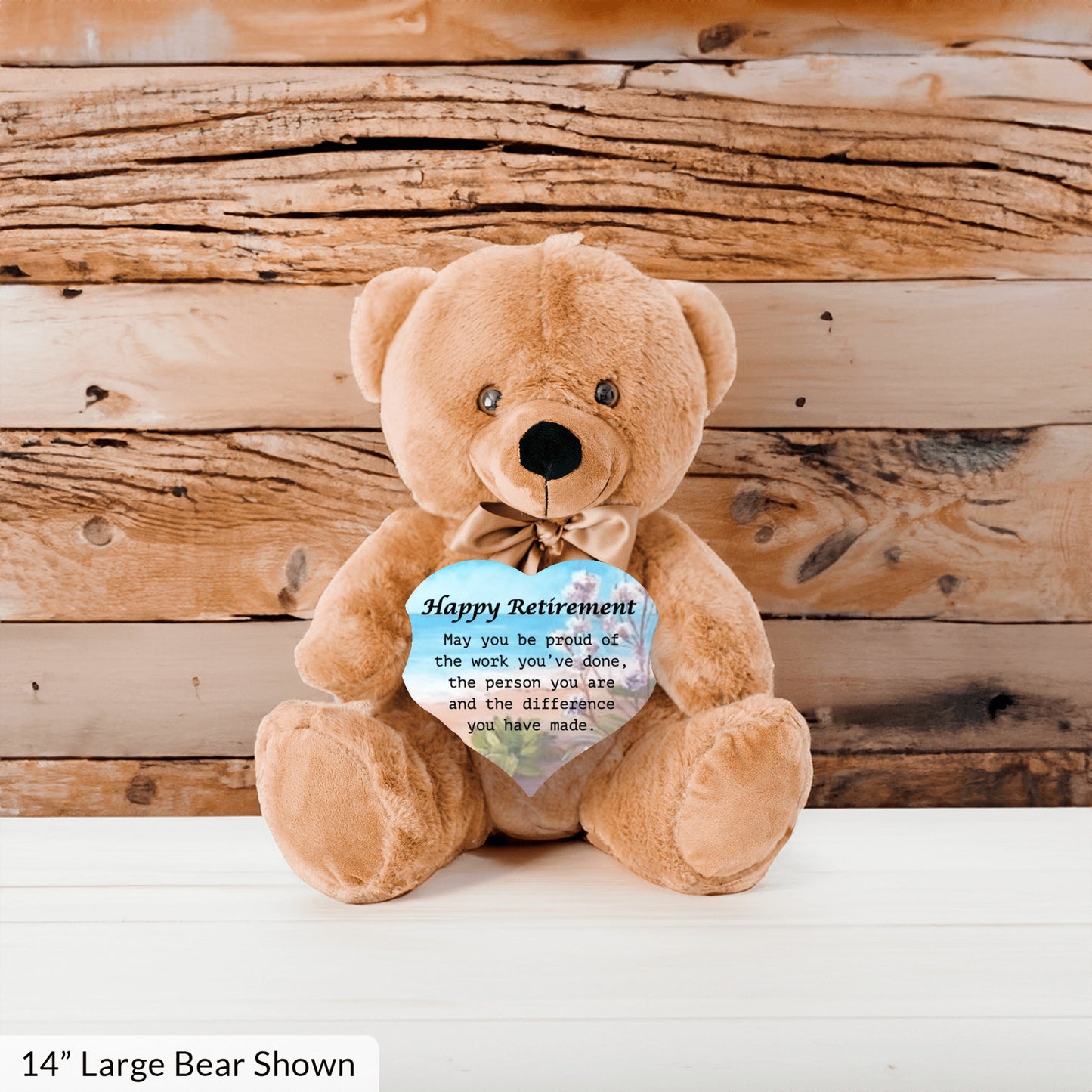 Happy Retirement Teddy Bear w/Heart, Ocean-Flowers Bckgrnd