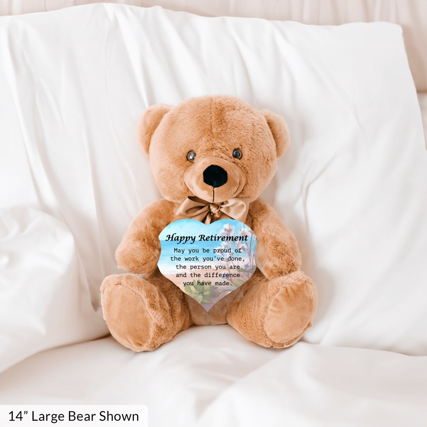 Happy Retirement Teddy Bear w/Heart, Ocean-Flowers Bckgrnd