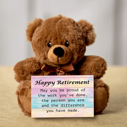 Happy Retirement Teddy Bear with 6x4 Sign Pastel-Wood Bckgrnd