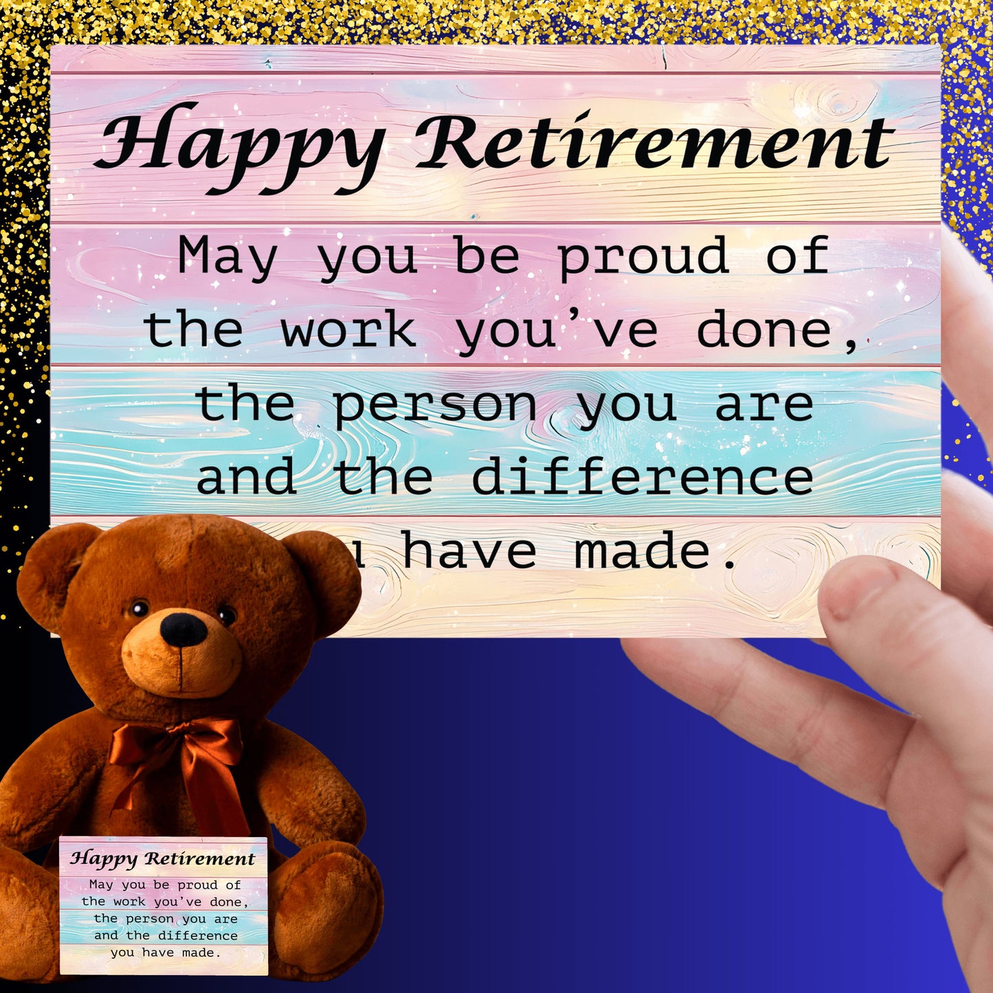 Happy Retirement Teddy Bear with 6x4 Sign Pastel-Wood Bckgrnd