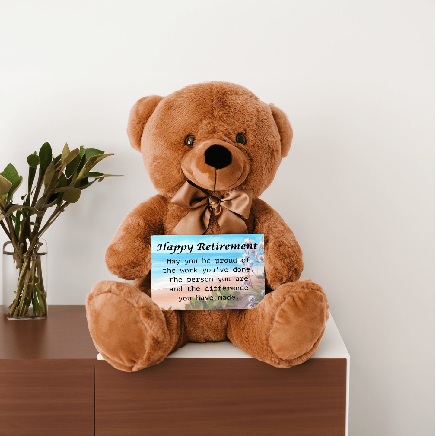 Retirement Teddy Bear With 6x4 Sign, Ocean-Flowers Bckgrnd
