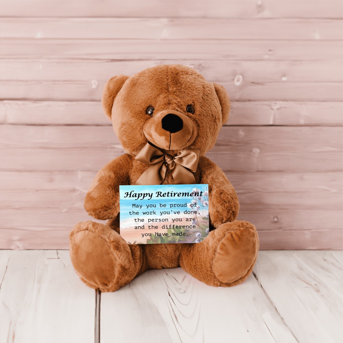 Retirement Teddy Bear With 6x4 Sign, Ocean-Flowers Bckgrnd