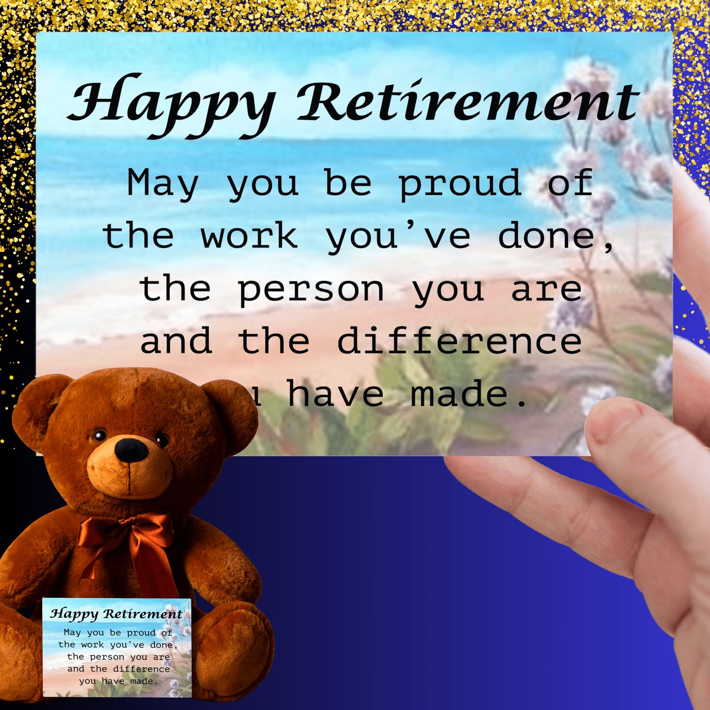 Retirement Teddy Bear With 6x4 Sign, Ocean-Flowers Bckgrnd