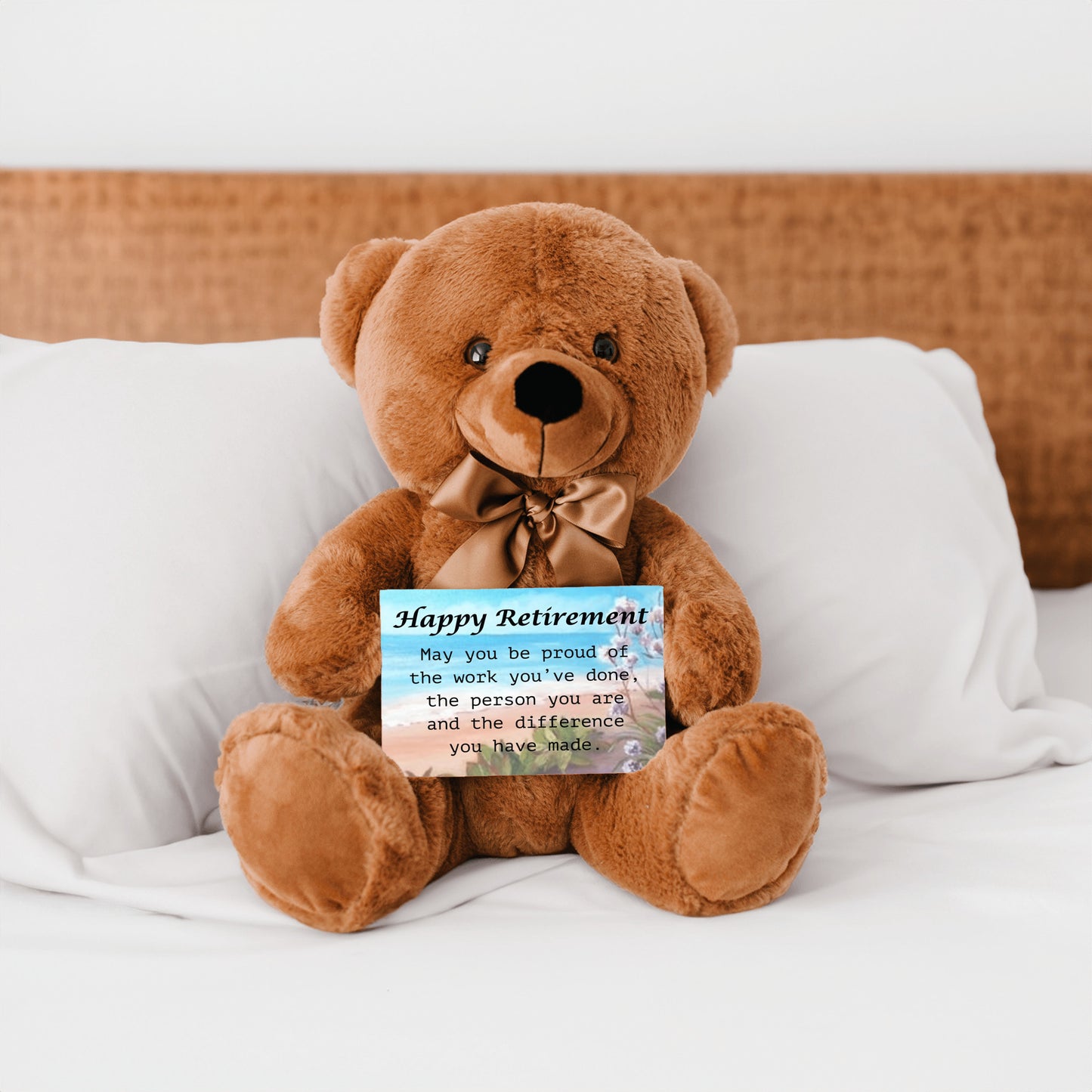 Retirement Teddy Bear With 6x4 Sign, Ocean-Flowers Bckgrnd