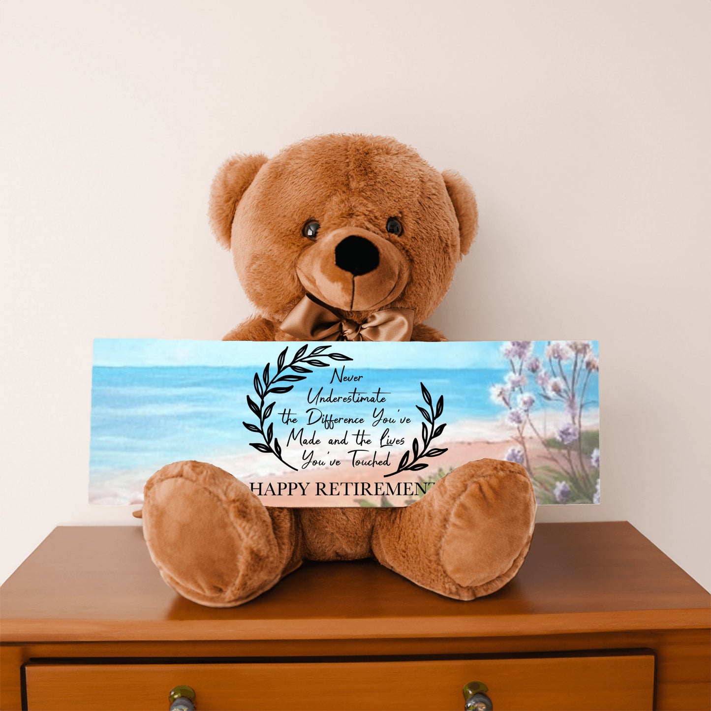 Retirement Teddy Bear with 15' x 5' Sign, Ocean-Flowers Bckgrnd