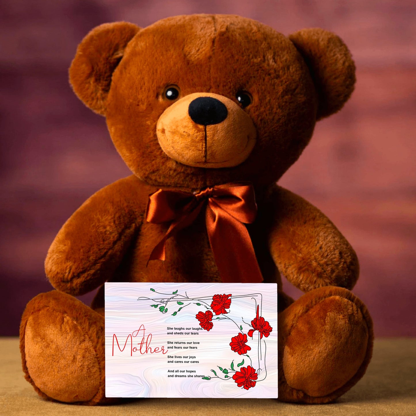 A Mother Poem - Teddy Bear With 6x4 Canvas Message Card, Pastel Wood Background