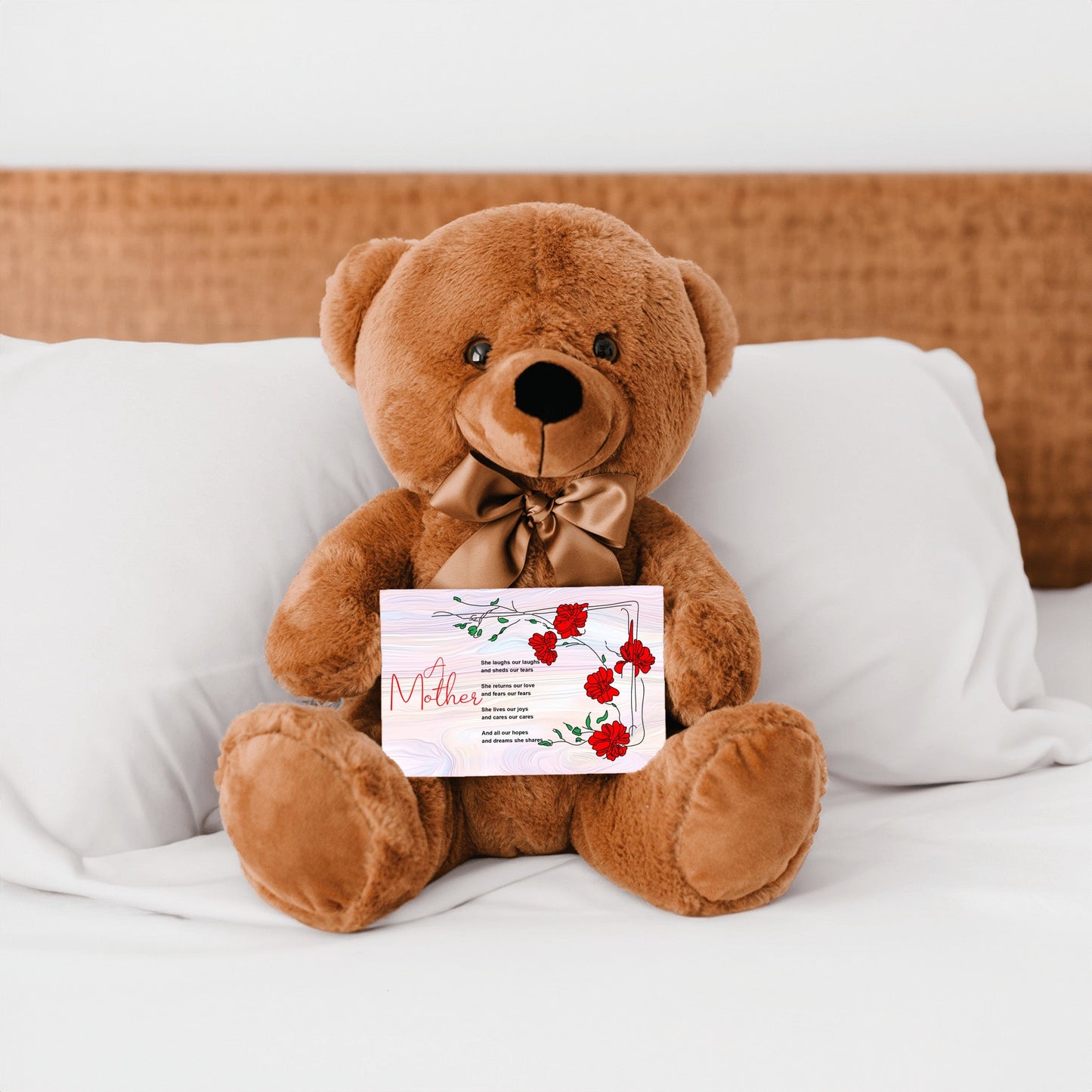 A Mother Poem - Teddy Bear With 6x4 Canvas Message Card, Pastel Wood Background