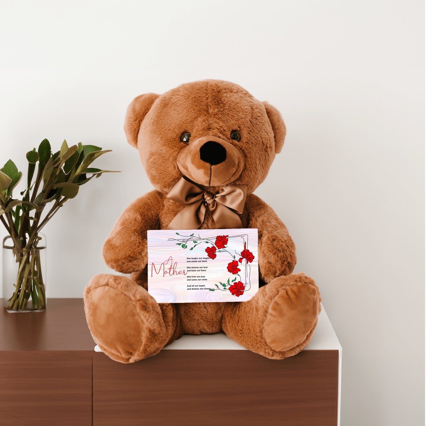 A Mother Poem - Teddy Bear With 6x4 Canvas Message Card, Pastel Wood Background