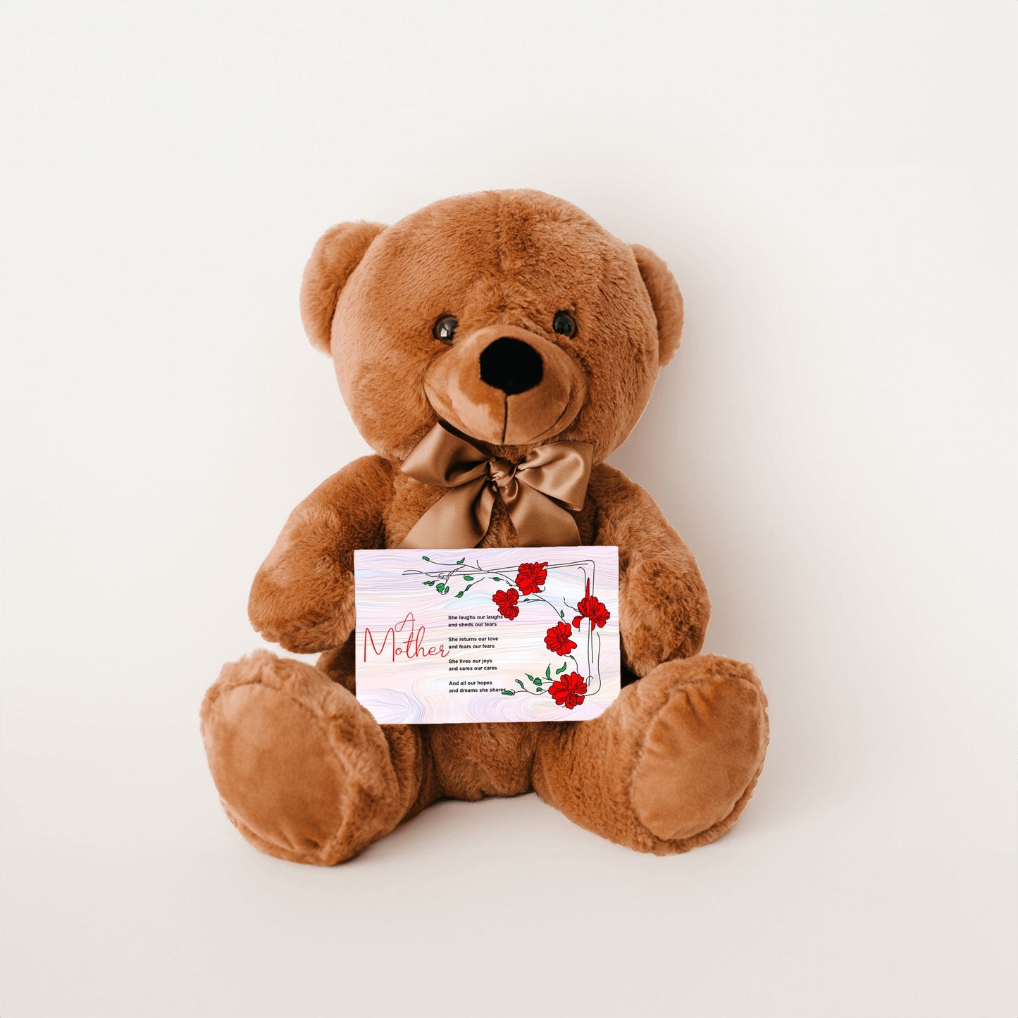 A Mother Poem - Teddy Bear With 6x4 Canvas Message Card, Pastel Wood Background