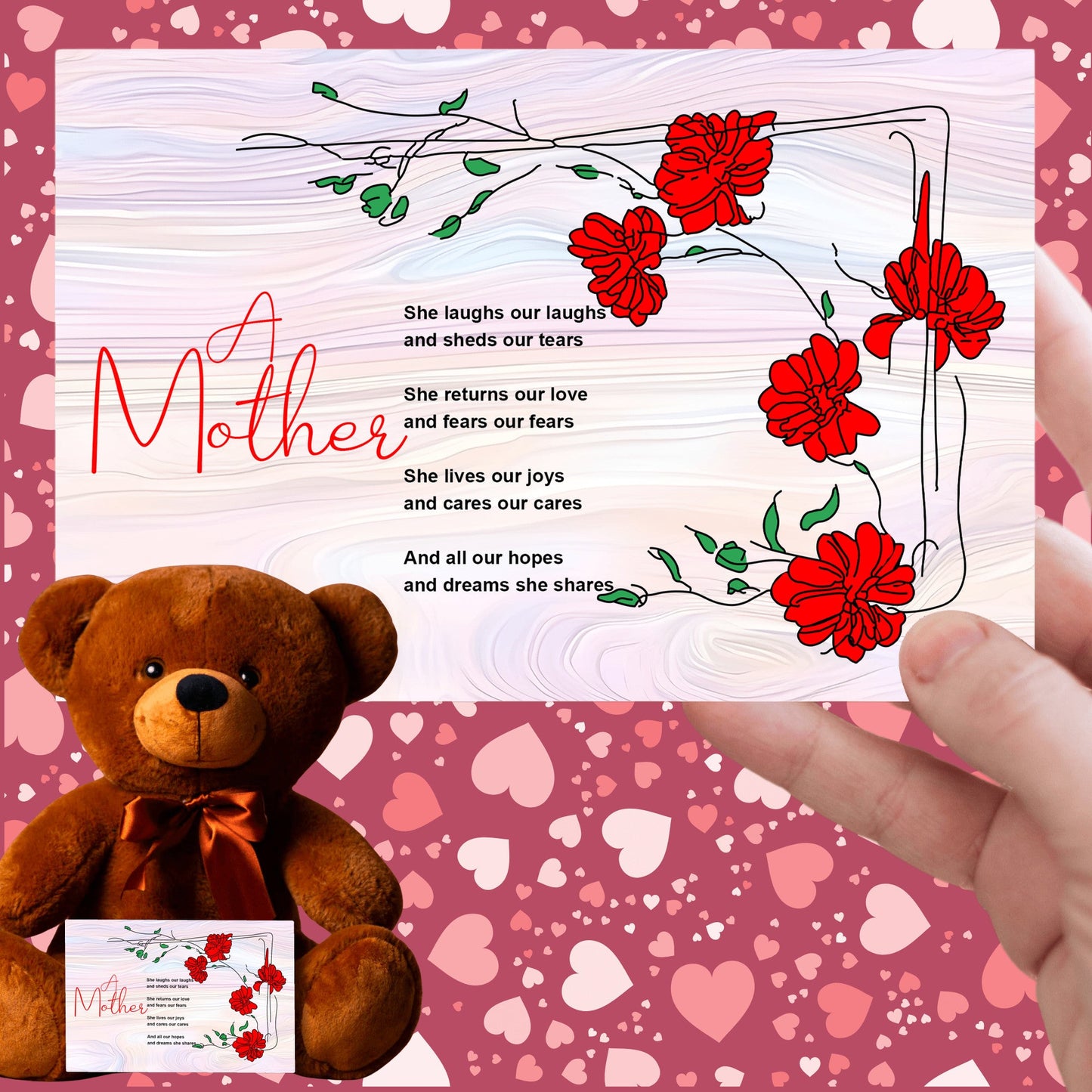 A Mother Poem - Teddy Bear With 6x4 Canvas Message Card, Pastel Wood Background