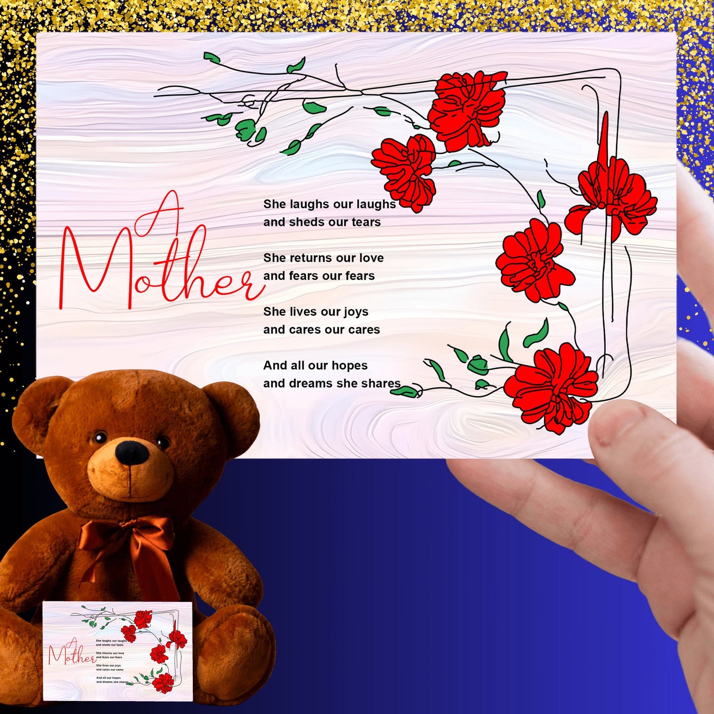 A Mother Poem - Teddy Bear With 6x4 Canvas Message Card, Pastel Wood Background