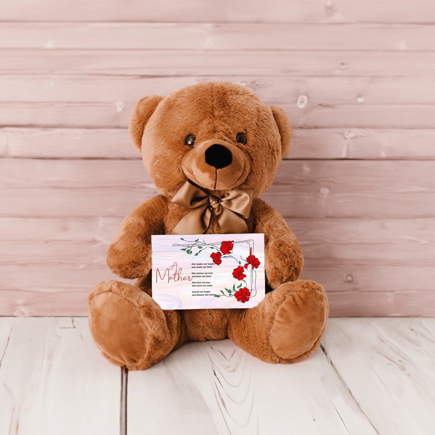A Mother Poem - Teddy Bear With 6x4 Canvas Message Card, Pastel Wood Background
